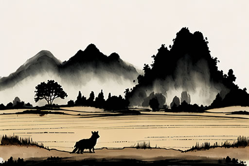 古风水墨画，田野，远处的山，近处一只小狗