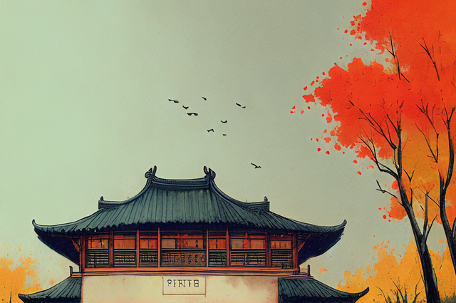 中国风，秋色中的古朴中式建筑