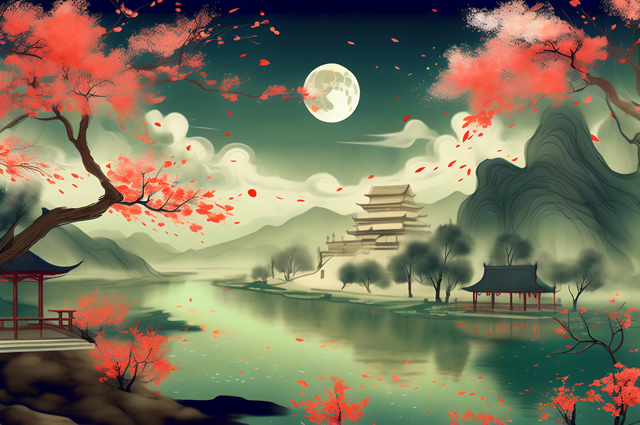 中国风，圆月当空，湖畔古建筑静立