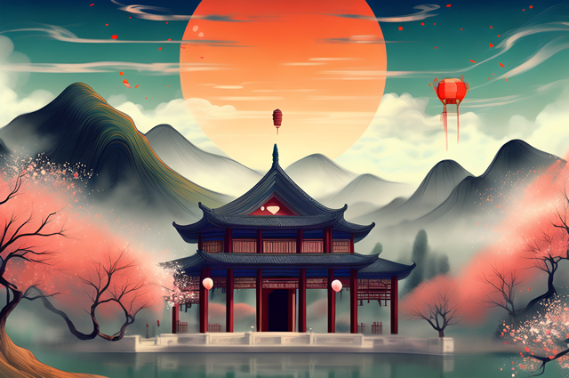 中国风，晴空浩月，山水之间古寺红灯